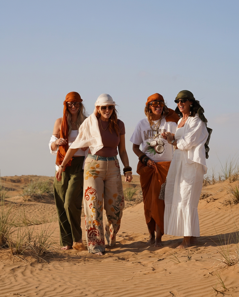 Four women walking together through desert dunes in headwraps and sunglasses